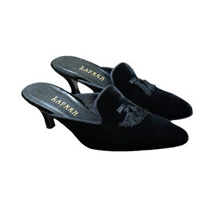 Ralph Lauren Black Velvet Mules 7.5 Stunning Heels Slides Tassels Kitten Vintage